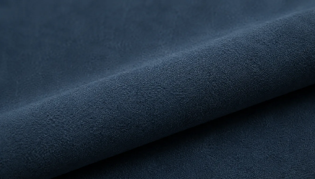Macro of navy Ultrasuede microfibre, a dense even pile with the flat colour of a dyed cloth