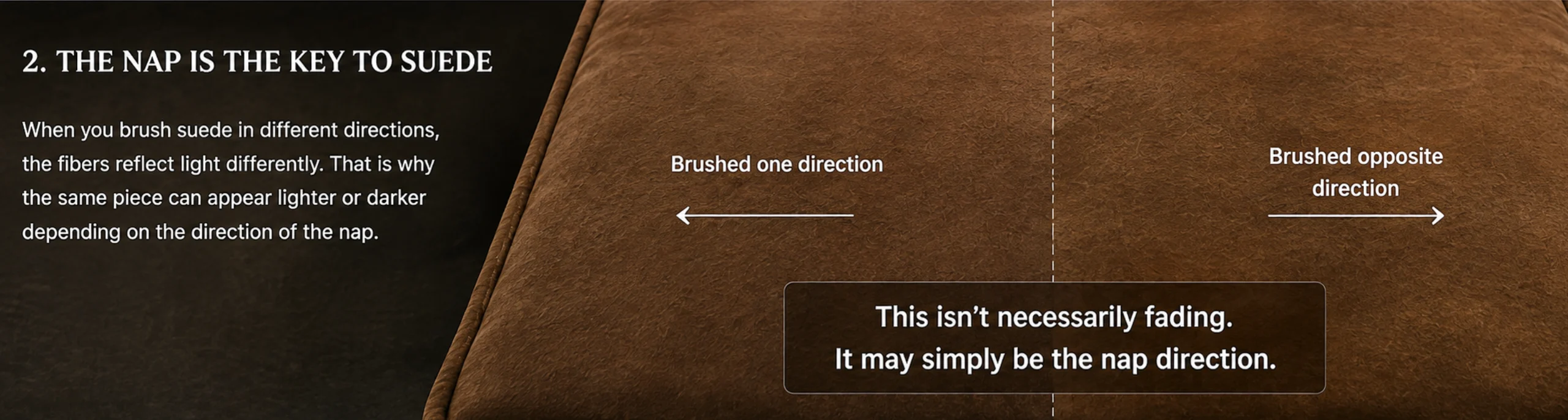 One suede seat cushion brushed two ways: the half brushed one direction reads light brown, the other half noticeably darker, split down the middle seam