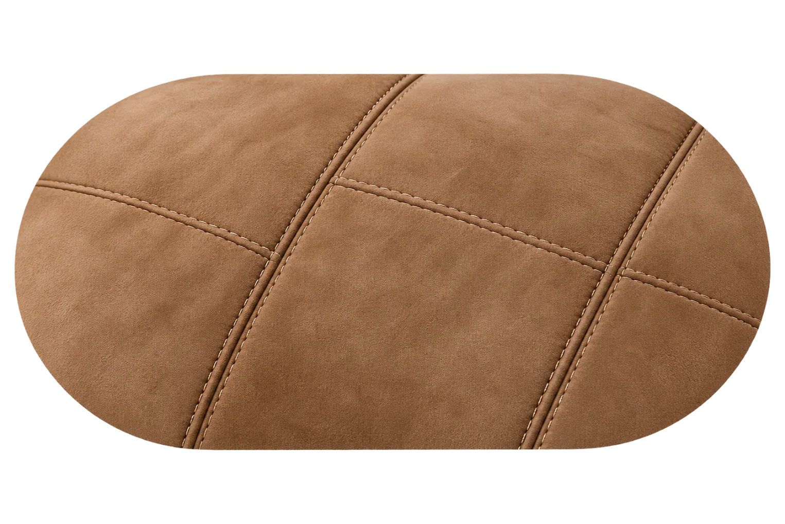 A suede seat back built from several stitched sections, because no hide is wide enough to cover it in one piece
