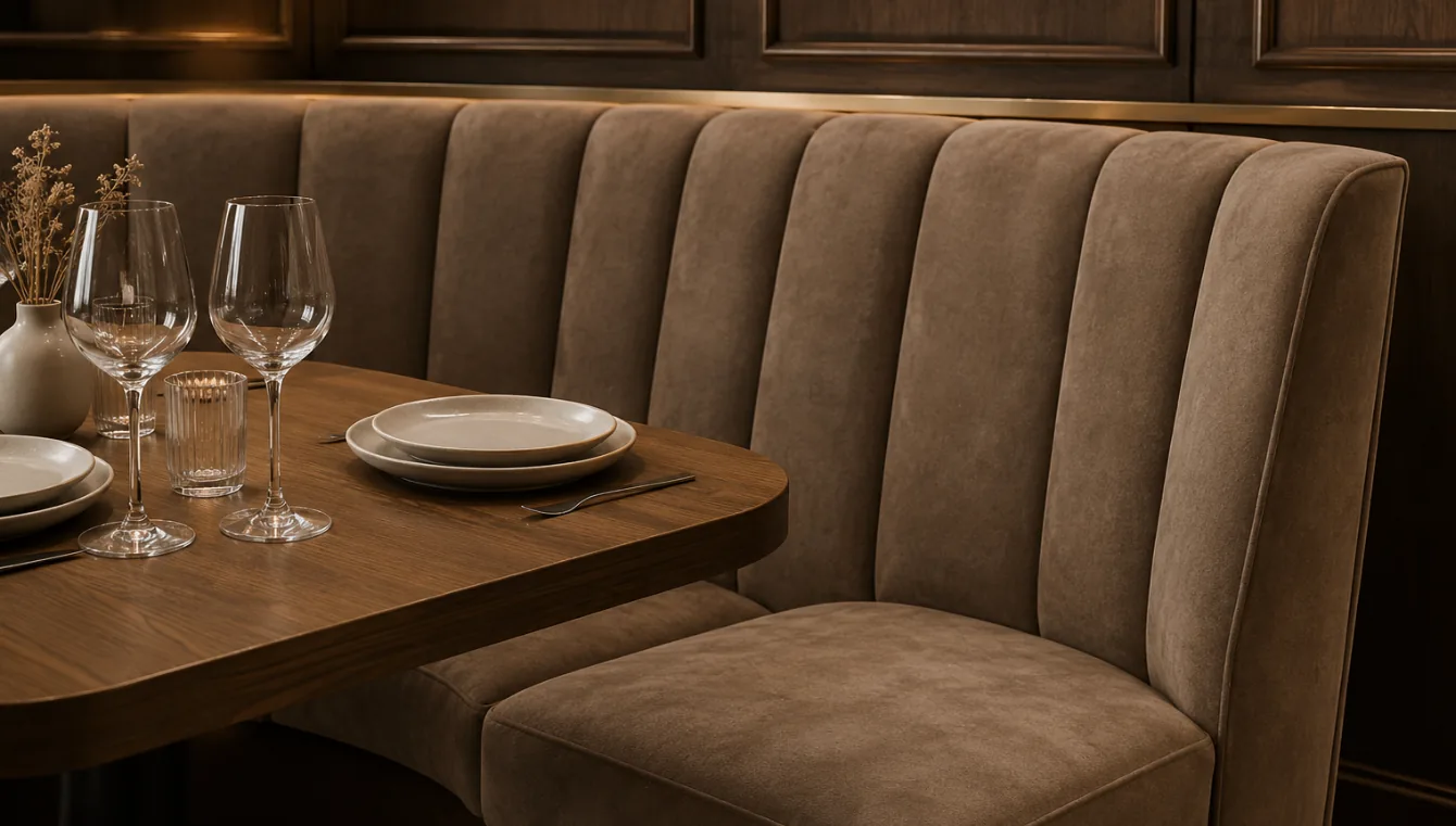 A fluted suede banquette at a restaurant table laid with plates and wine glasses