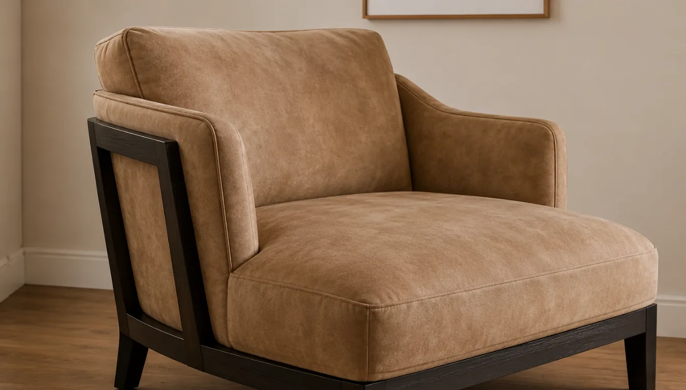 A suede armchair with a dark timber frame, its inside back taking only light intermittent contact