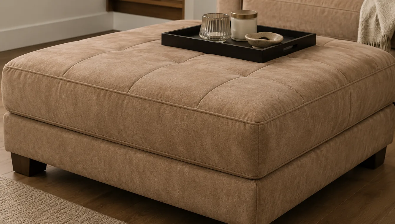 A large suede ottoman with a tray of glassware set on top of it, being used as a table