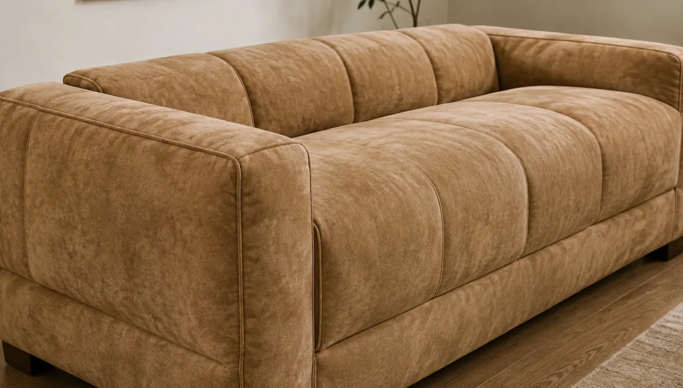 The outside back and side of a suede sofa seen from behind, the largest surface on the piece and rarely touched