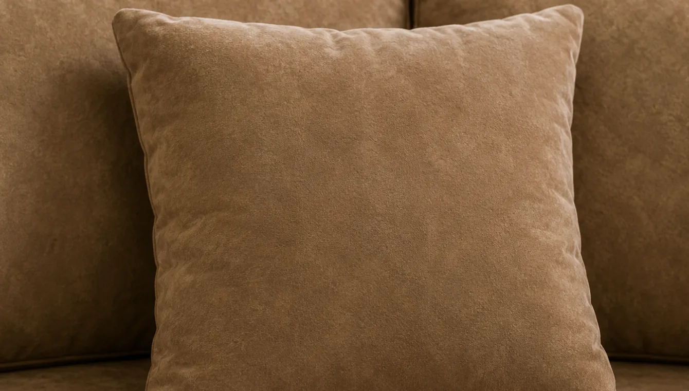 A square suede throw cushion resting against a suede sofa back, handled often but easy to rotate