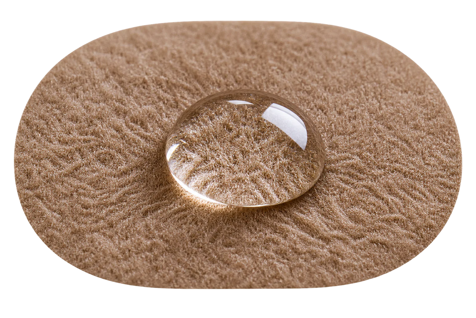 A drop of water still sitting whole on the surface after several seconds, none of it drawn into the fibre