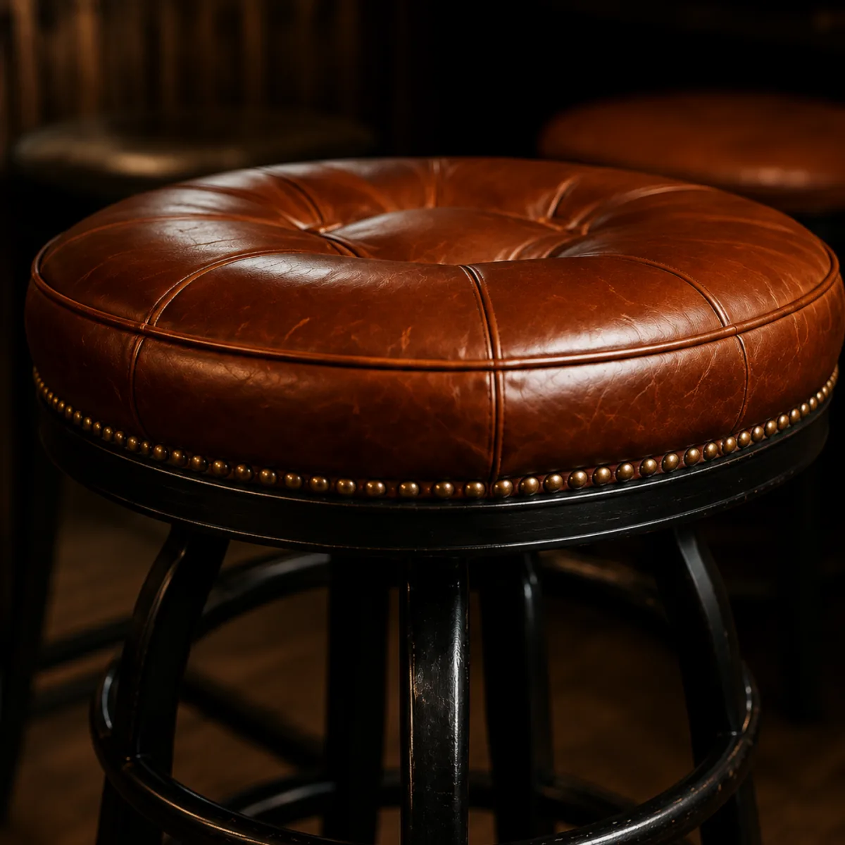 Close view of a tufted tan leather bar stool seat with brass nailhead trim