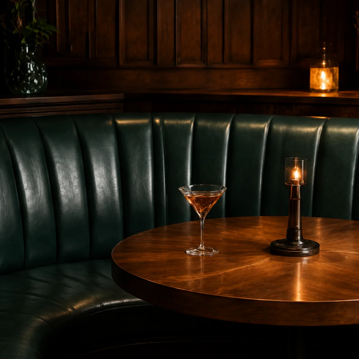 Dark green leather banquette booth with a wood table and candle in a bar