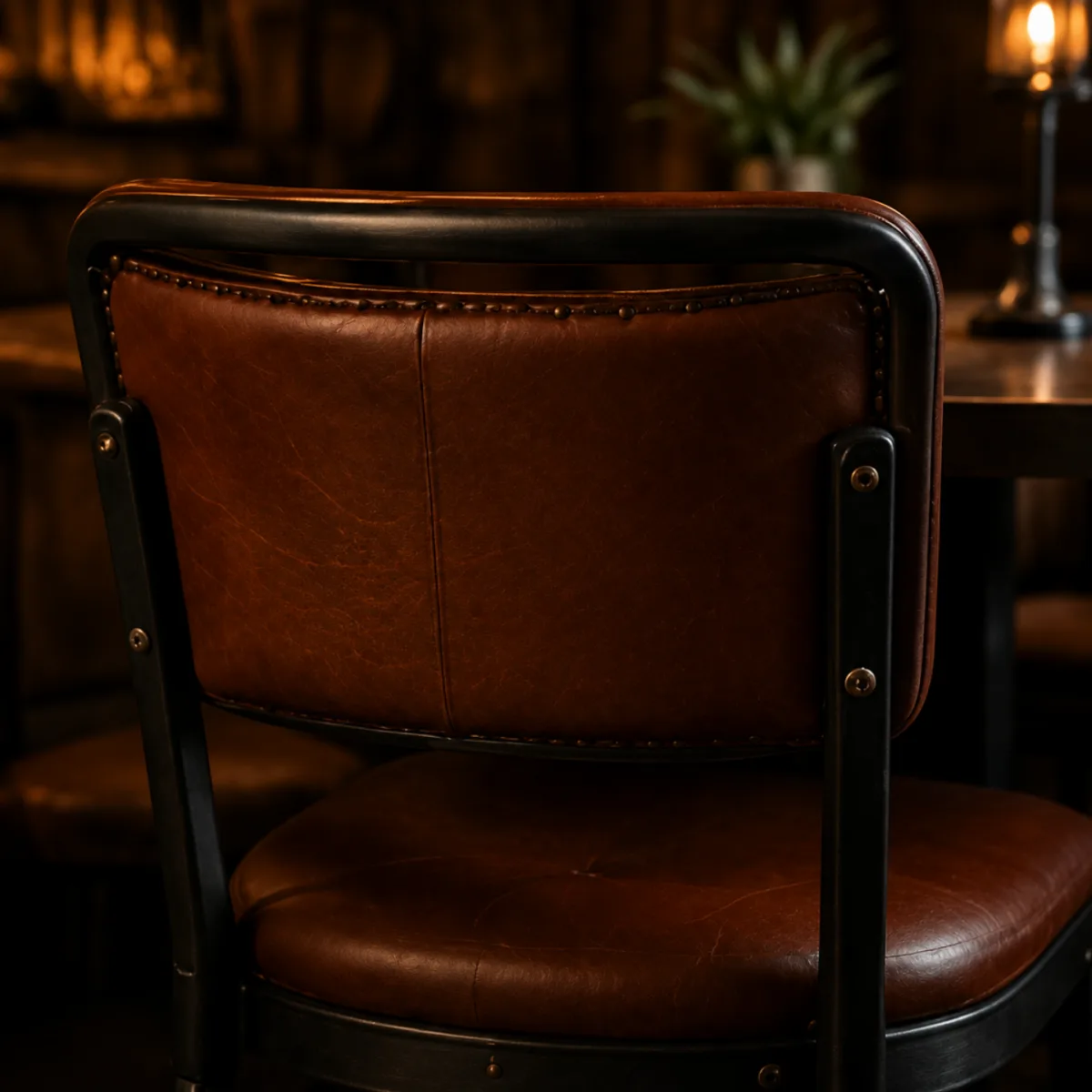 Back of a brown leather bar chair with a black metal frame