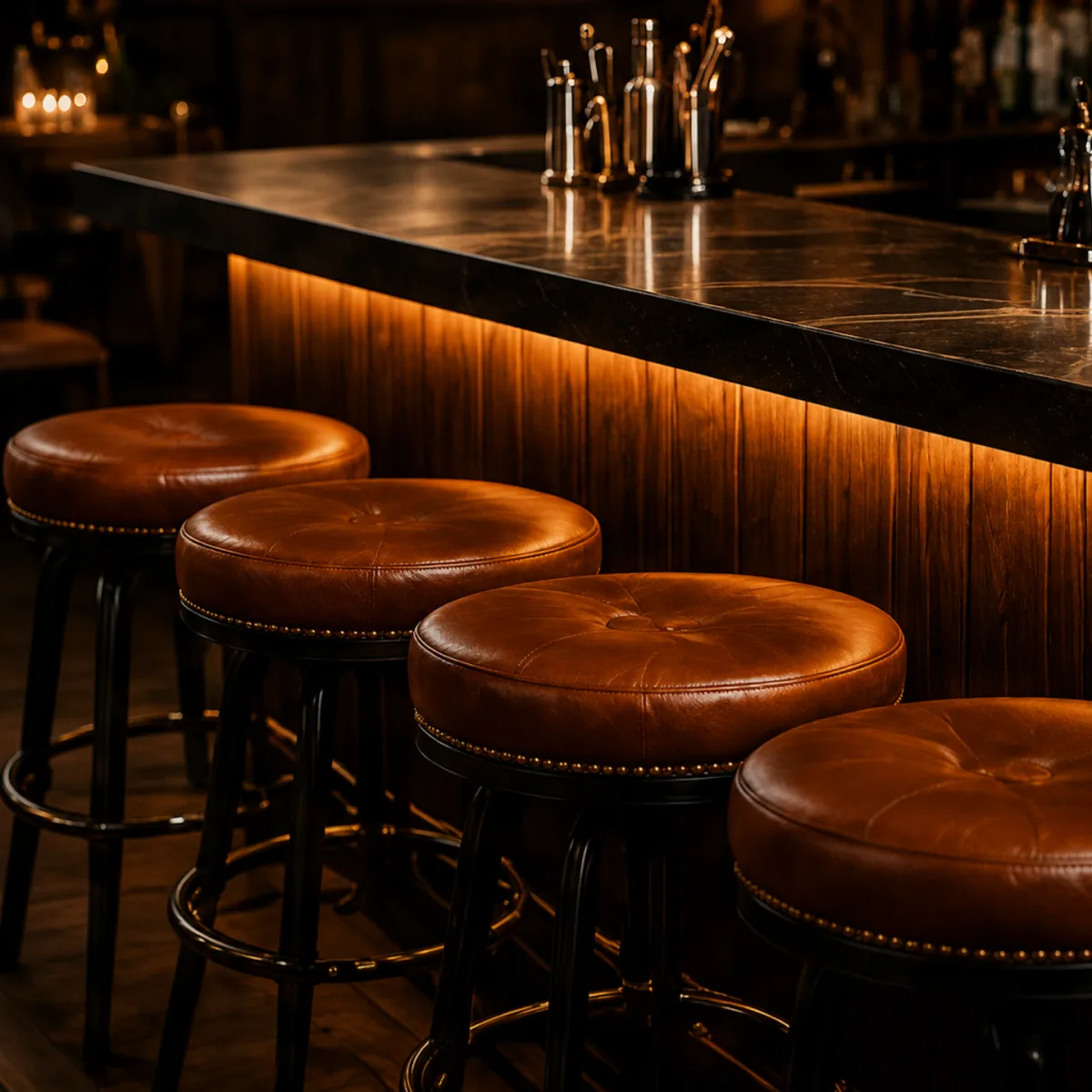 Four tan leather bar stools lined up along an illuminated bar front