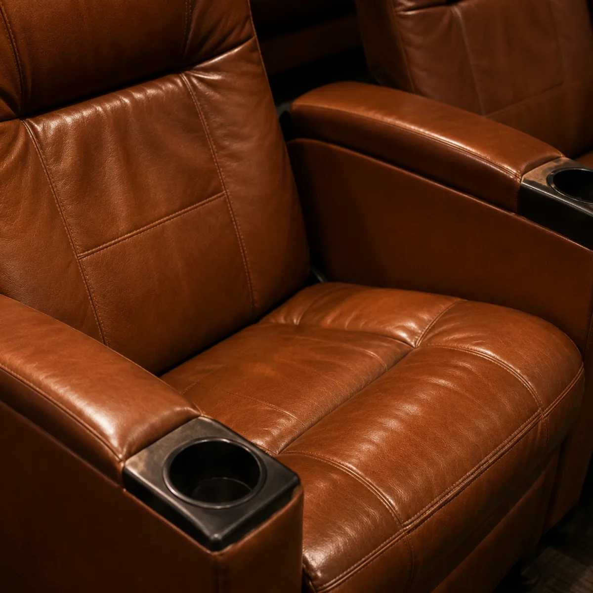 Two brown leather cinema recliner seats close in, showing the junction where the back meets the seat and a cup-holder arm between them