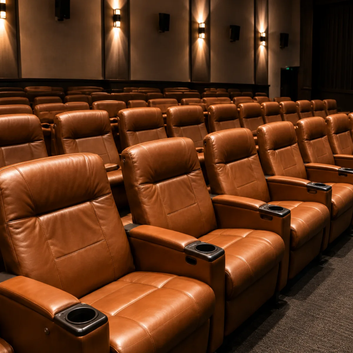 Rows of tan brown leather cinema recliner seats with cup-holder consoles in a dark auditorium lit by warm wall lights
