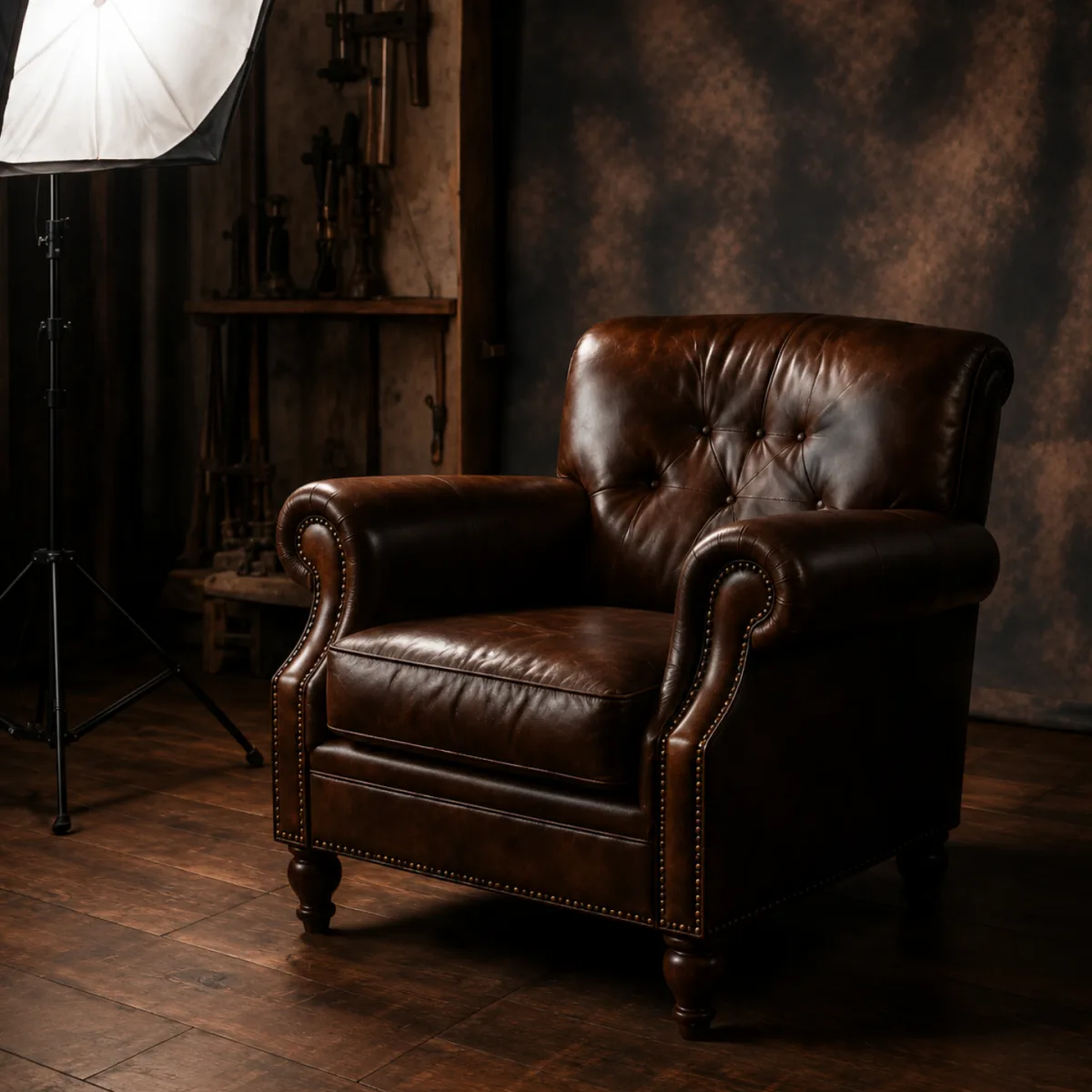 Tufted leather club chair on a photography set beside a softbox light