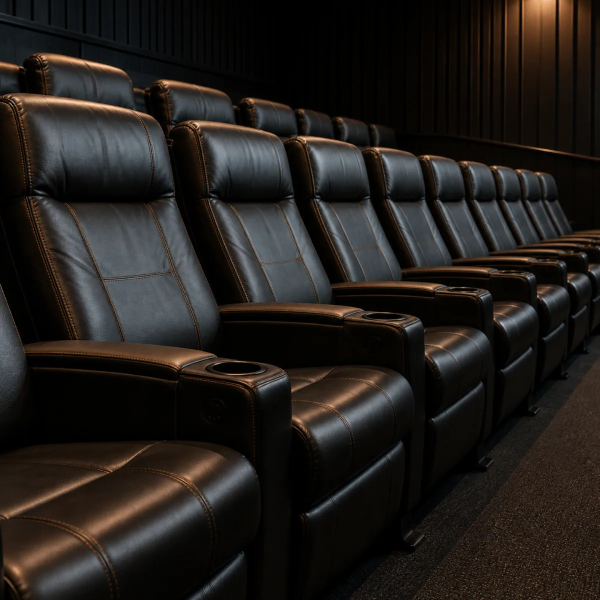 Rows of dark leather auditorium seats in a theater