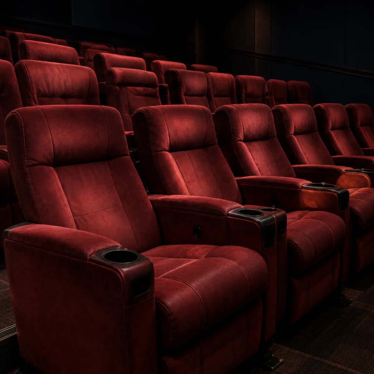 Rows of red velvet theater seating with cup-holder arms