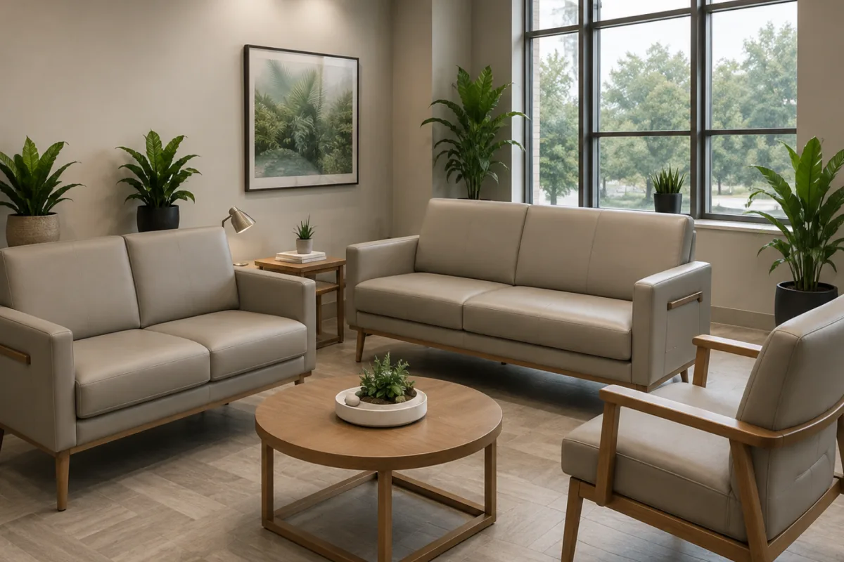 A medical waiting room with pale grey leather sofas and armchairs on light wood legs