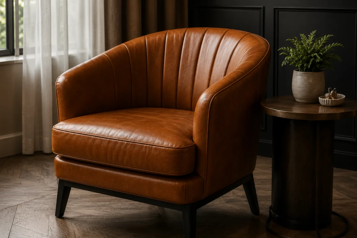 Tan leather barrel chair recovered with new material over rebuilt foam