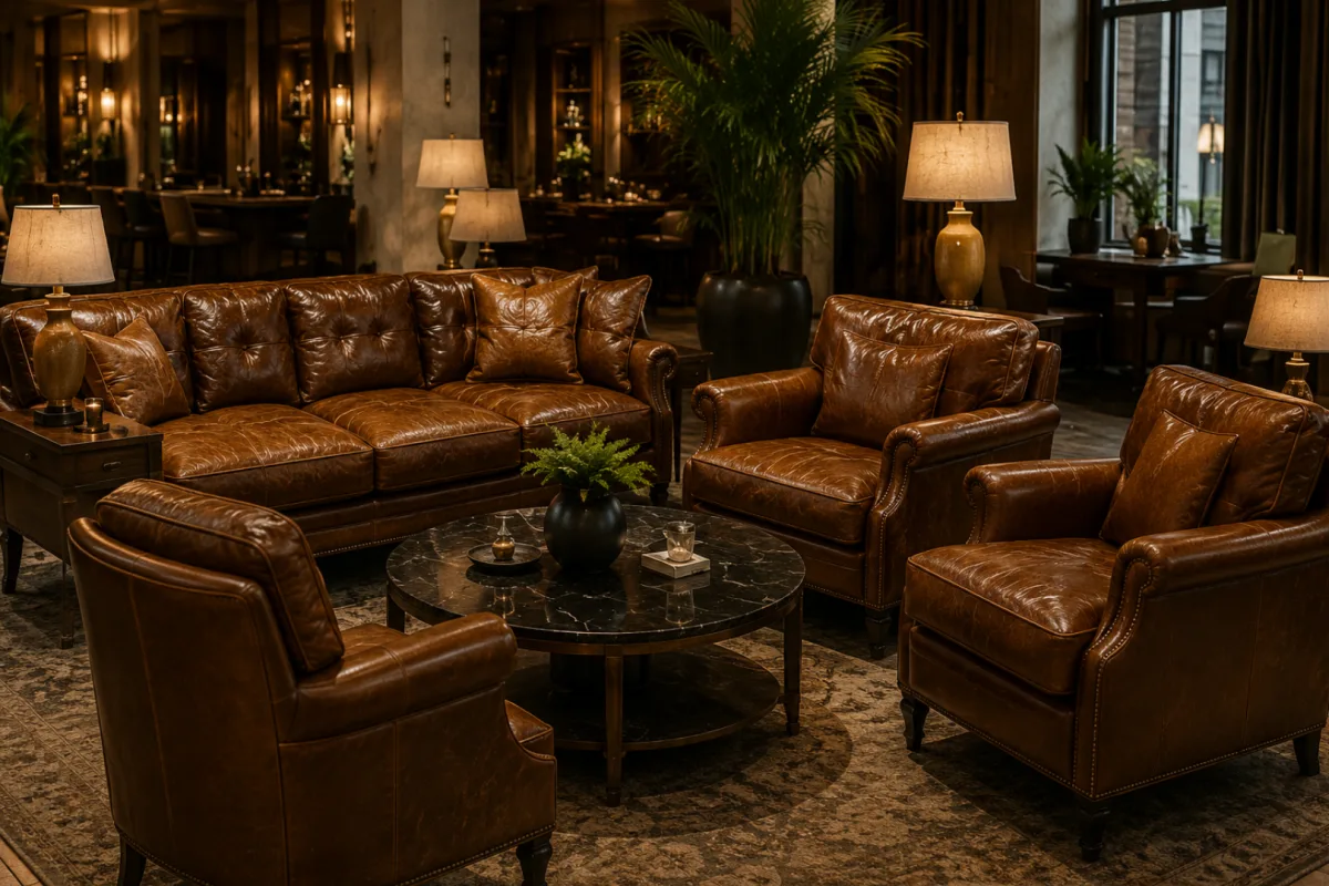 A hotel lobby seating group in brown leather: a buttoned sofa and matching armchairs around a low table