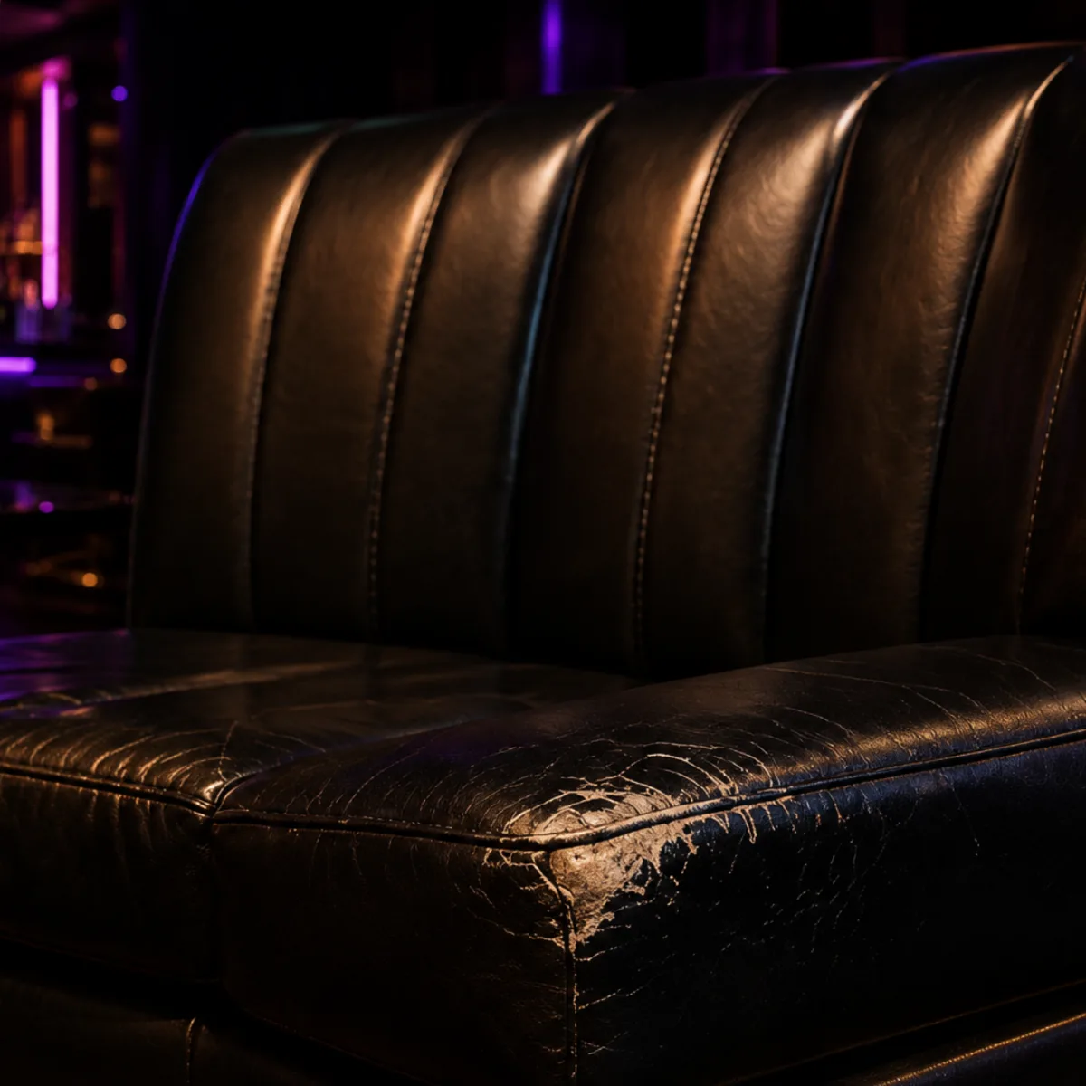 Split and cracked black vinyl seat cushion on a channel-tufted nightclub banquette