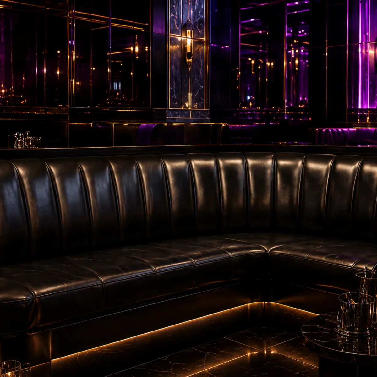 Long black channel-tufted leather banquette run against a mirrored and brass nightclub wall