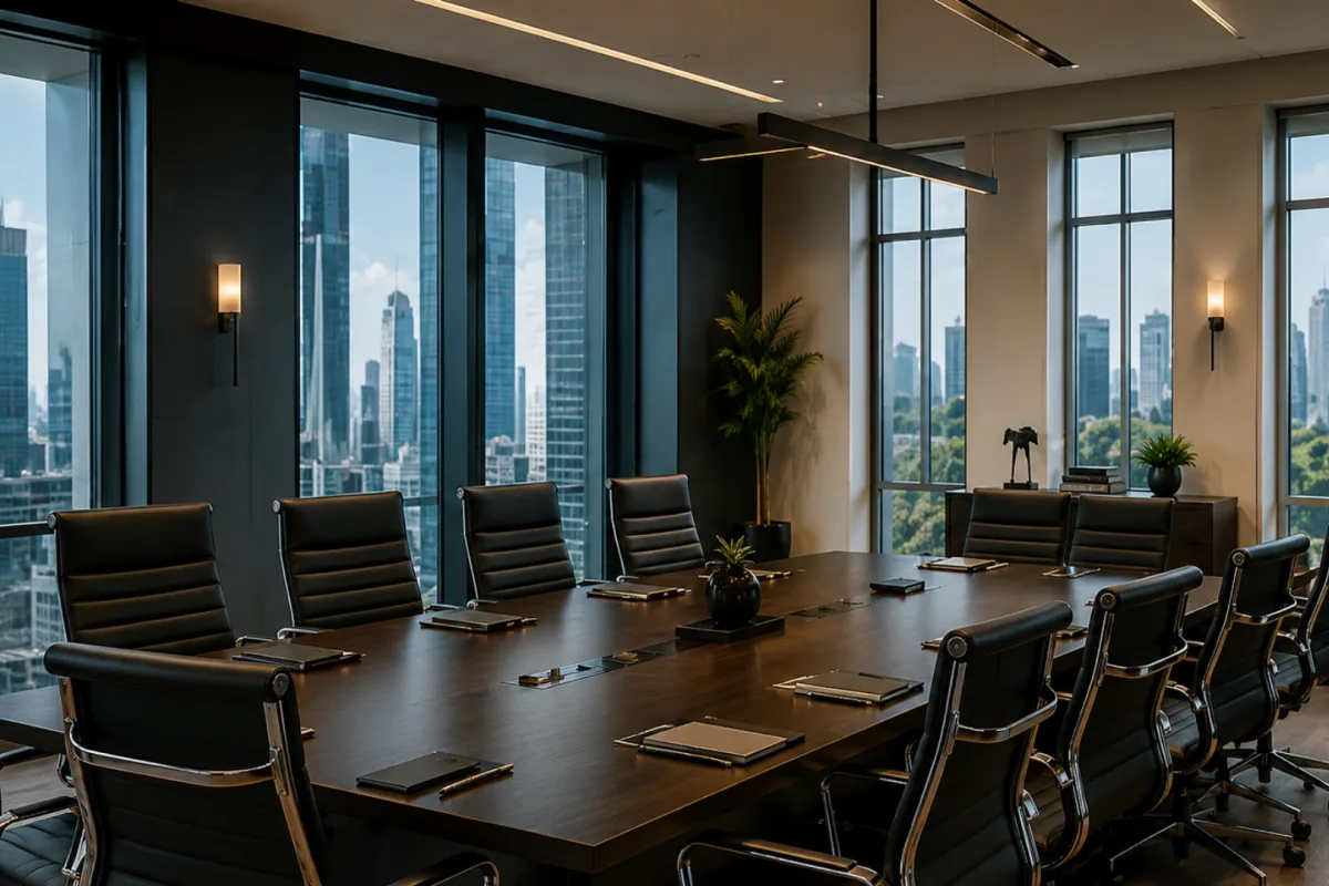 A conference room with black leather high-back chairs around a long dark table