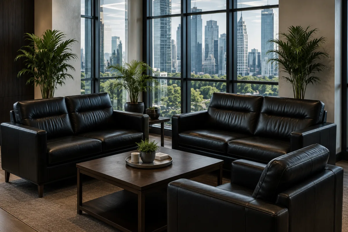 Black leather sofas in an office lounge with a city view