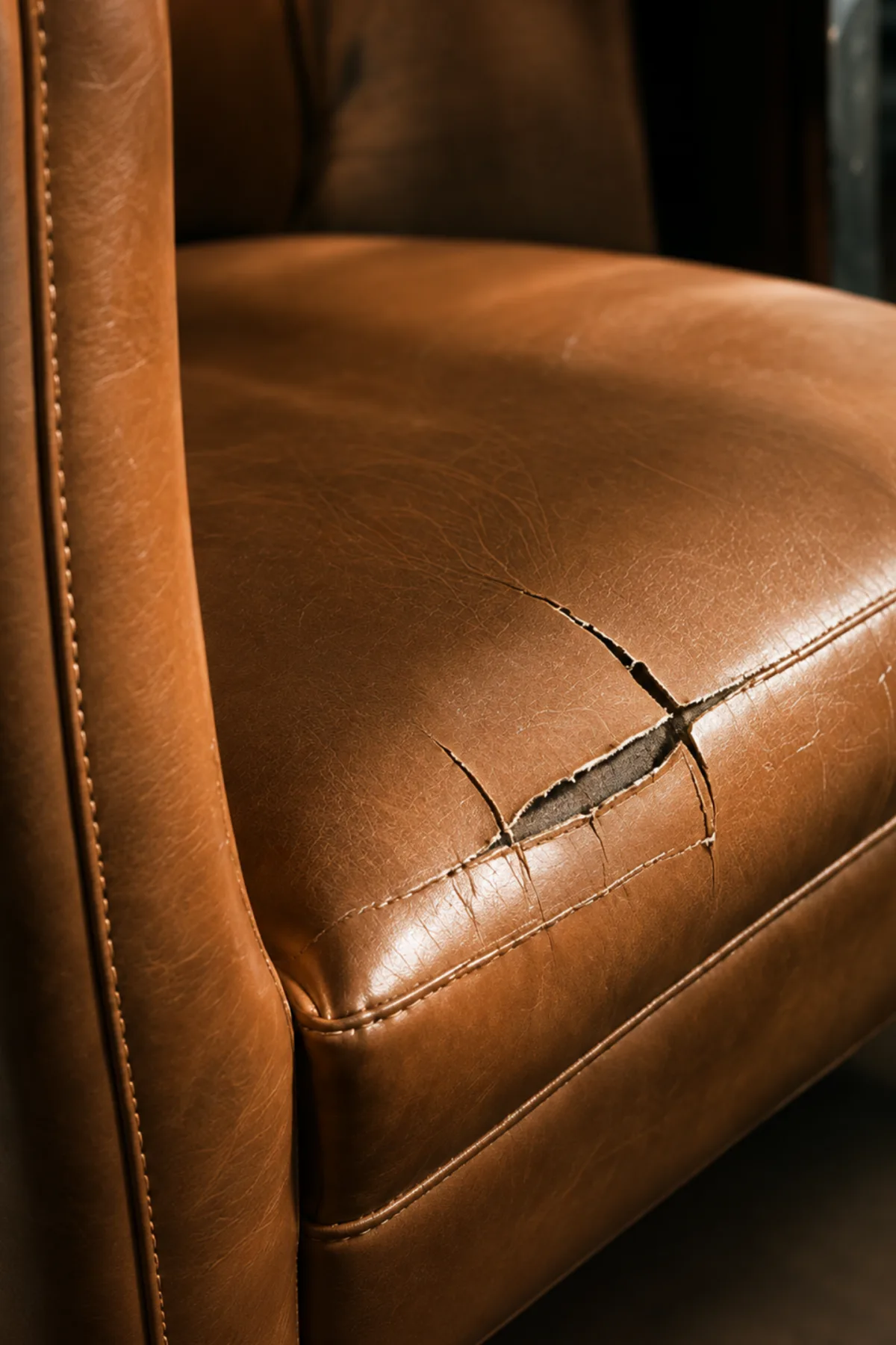 Split in the leather at the front edge of a tan club chair seat