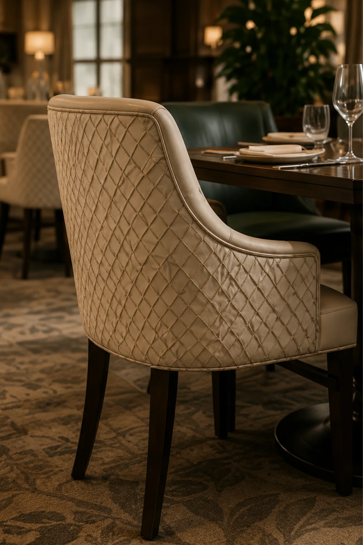 Cream diamond-quilted leather dining chair in a club dining room