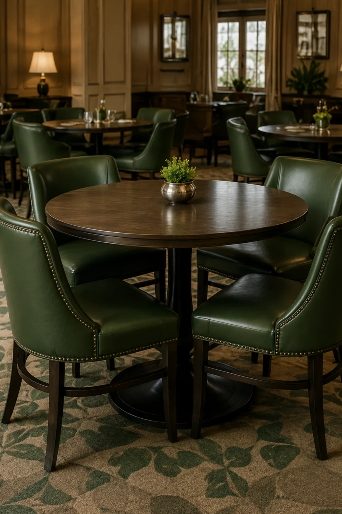 Green leather nailhead club chairs around a round table in a clubhouse dining room