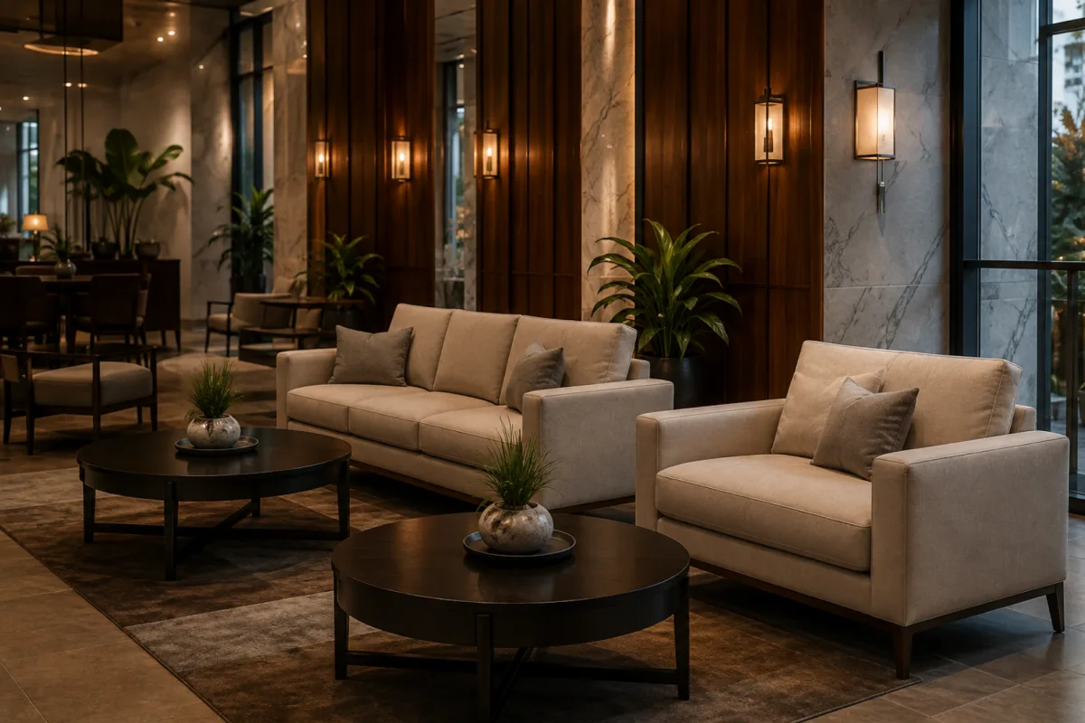 Beige lobby seating and armchairs in a residential building