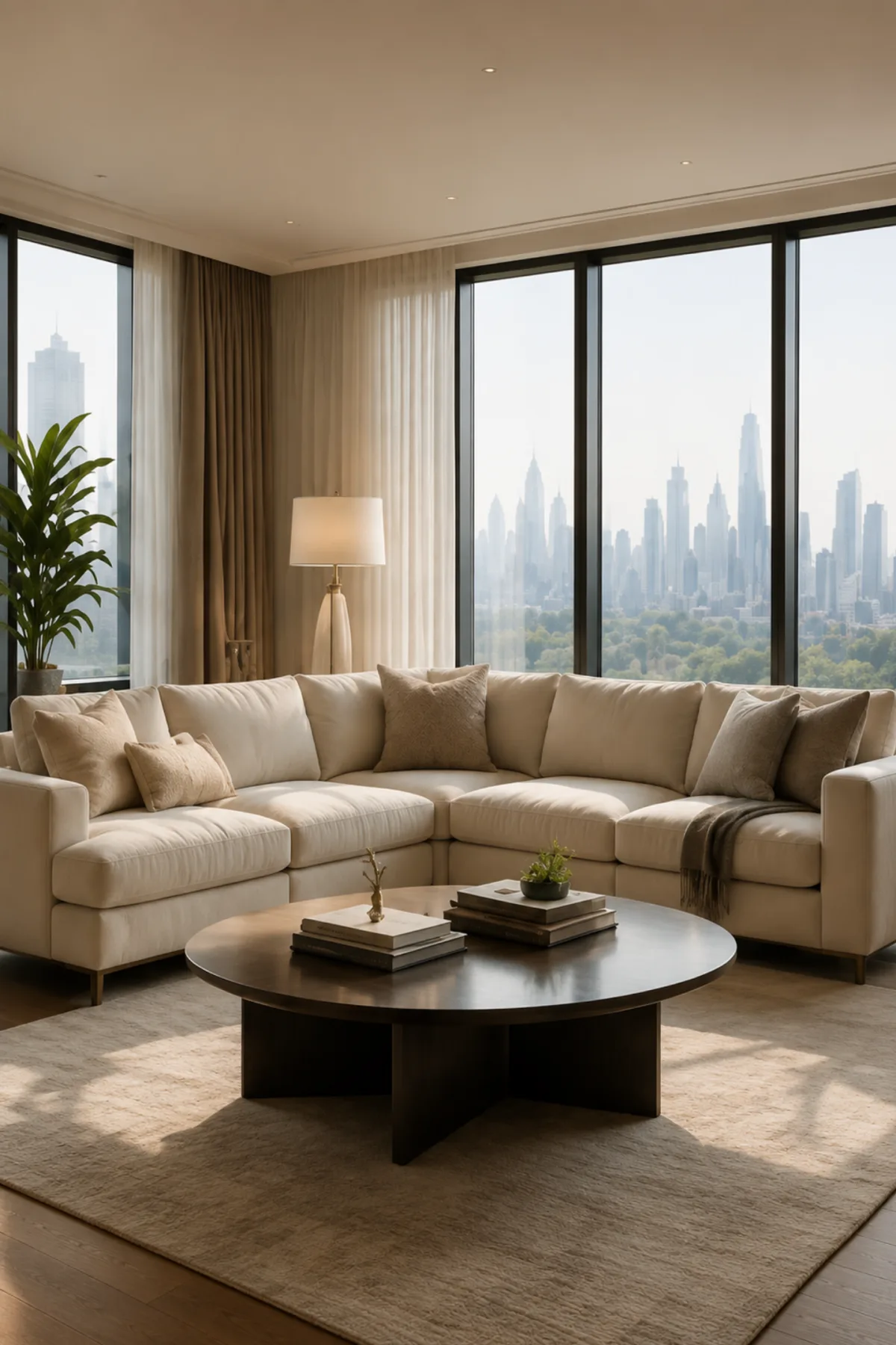A residential living room with a large corner sofa, a low round table and a city view