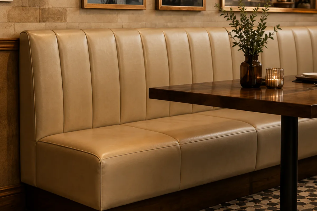 Cream leather channel-tufted banquette run repaired along a restaurant wall