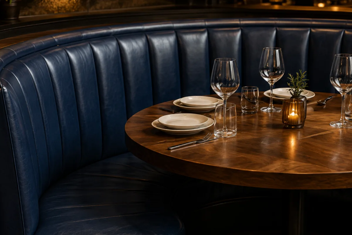 Curved restaurant banquette re-covered in navy upholstery fabric