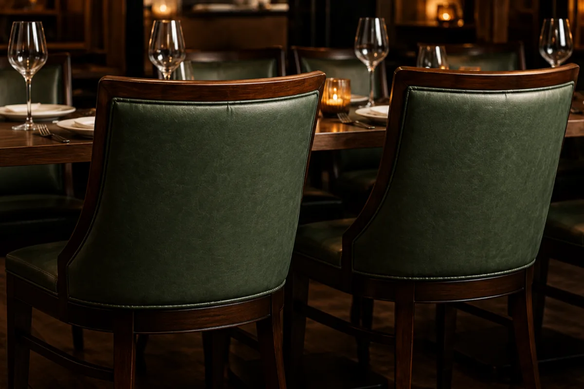 Green leather restaurant dining chairs reupholstered on hardwood frames