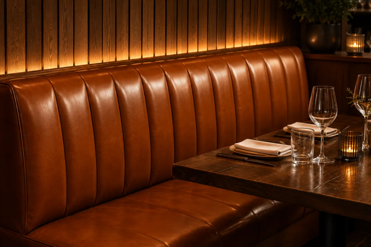 Cognac channel-tufted leather banquette and set dining table in a NYC restaurant