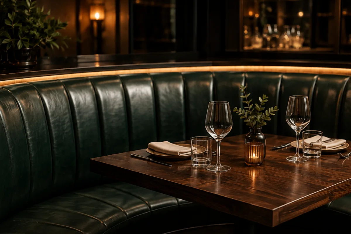 Dark green curved leather banquette restored in a New York restaurant dining room