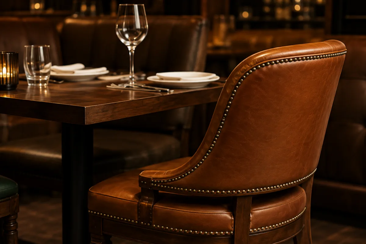 Cognac leather dining chair with brass nailhead trim reupholstered for a restaurant