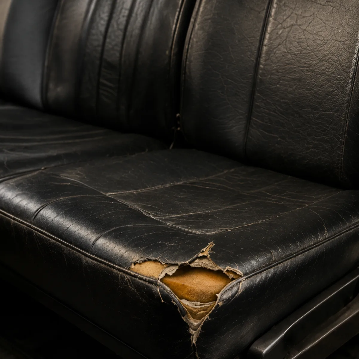 Torn black vinyl bus bench seat with the foam showing through a split at the front corner