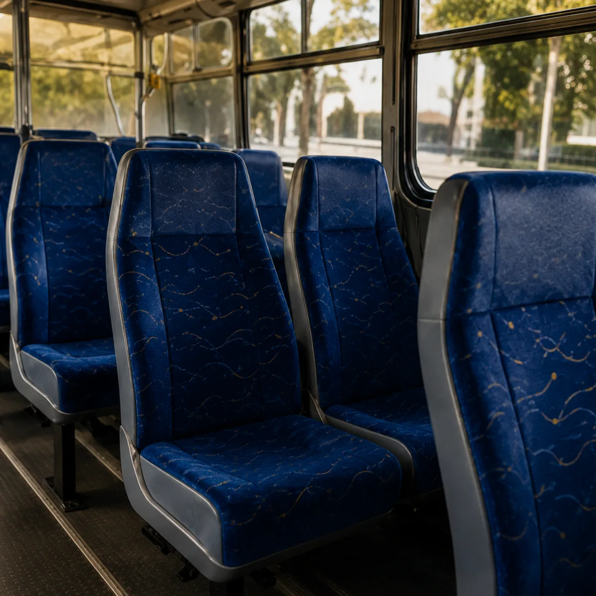 Rows of recovered blue patterned seats inside a commercial bus with daylight through the windows