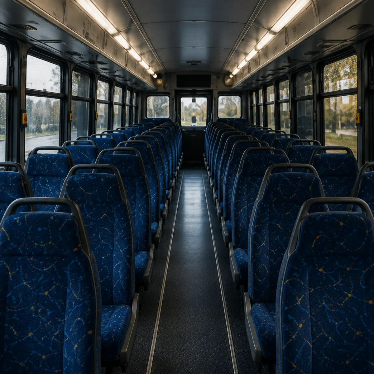 Interior of a transit bus looking down the aisle, rows of blue patterned seats on both sides
