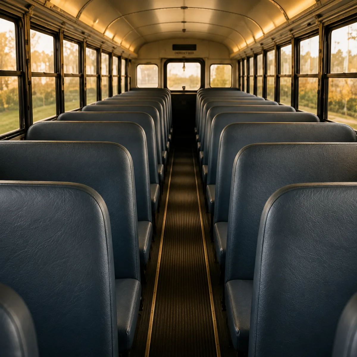 Interior of a school bus looking down the aisle, high padded bench seat backs in dark vinyl