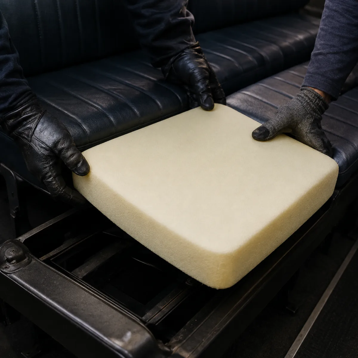 Gloved hands lowering a new pale foam cushion into an open bus seat pan, dark vinyl bench behind