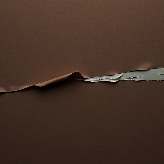 A dark brown bonded leather swatch whose coated surface is peeling away in sheets, exposing a pale fibrous mat