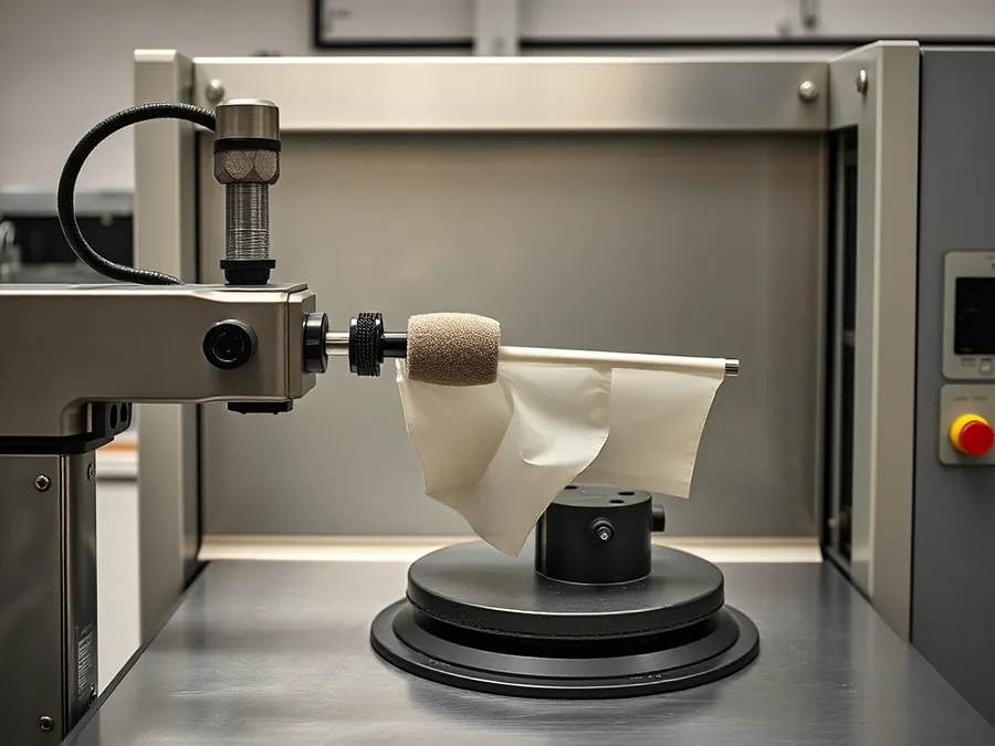 An abrasion testing machine passing a weighted pad back and forth across a stretched vinyl sample