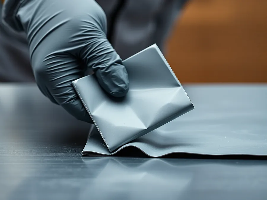 A chilled vinyl sample being folded sharply to check whether the film splits at the crease