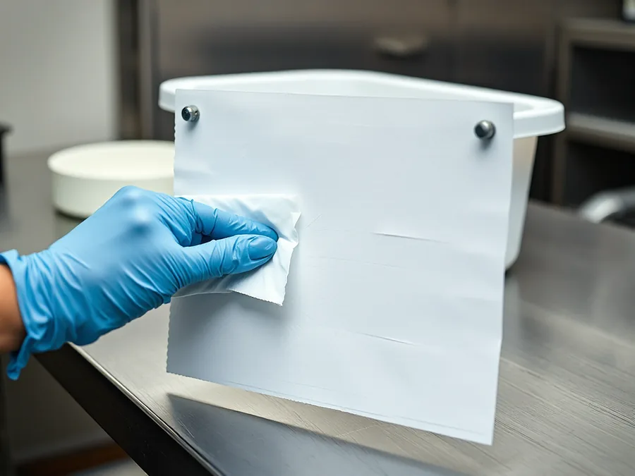 A gloved hand wiping a disinfectant across a vinyl test swatch on a laboratory bench