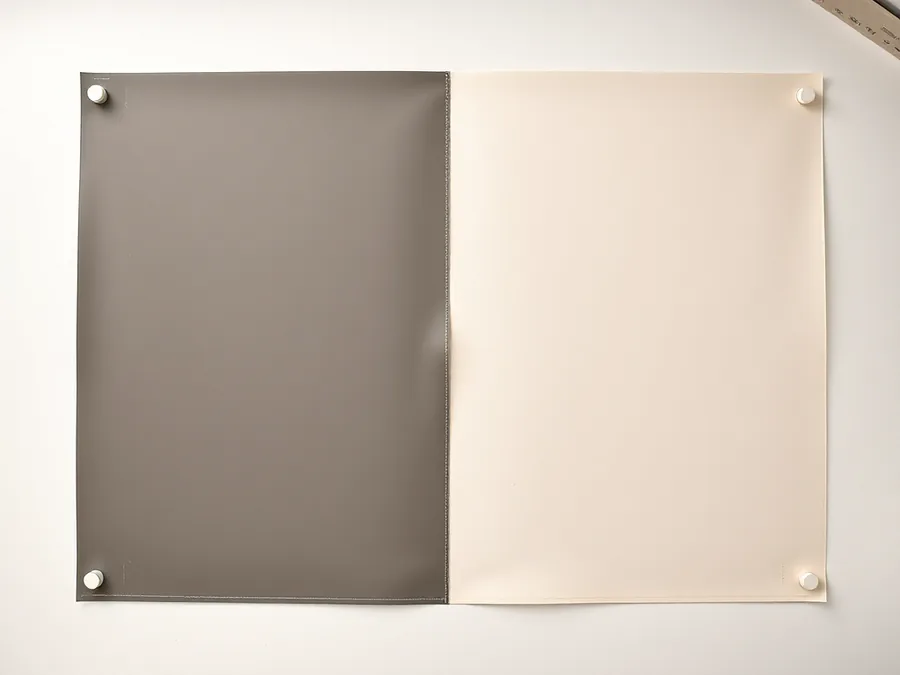 A vinyl test panel half masked and half faded after controlled light exposure