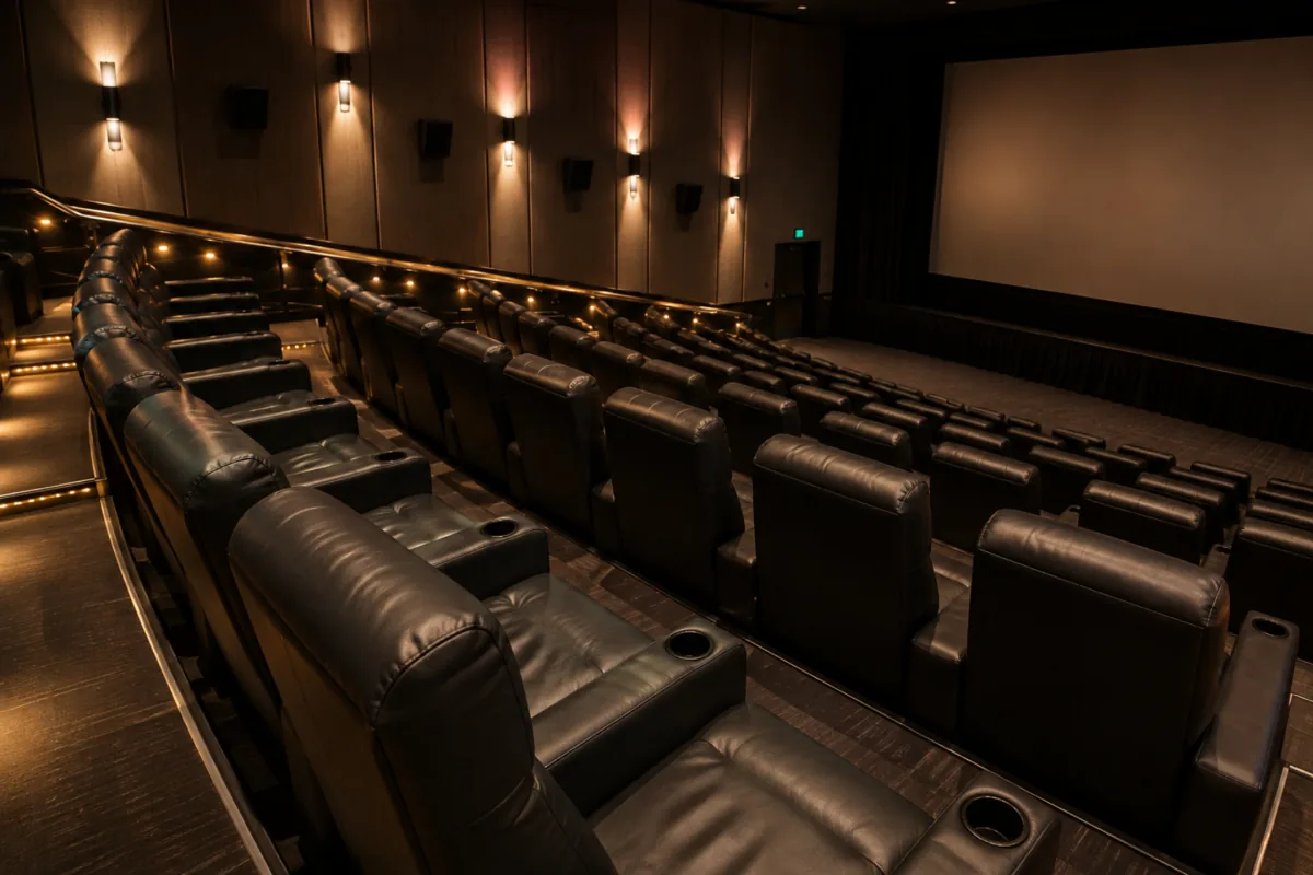 Rows of dark leather recliner seating in a cinema auditorium