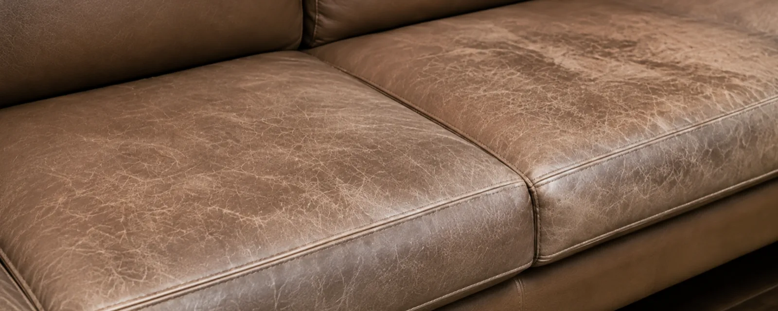 A taupe top-grain leather sofa with the colour worn away and the surface heavily creased