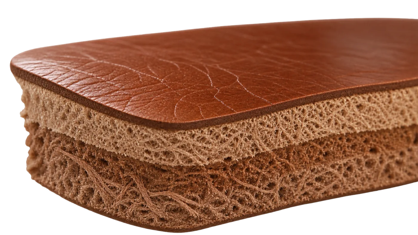 Cut section of top-grain leather showing the thin finished grain layer above the loose fibrous split beneath it