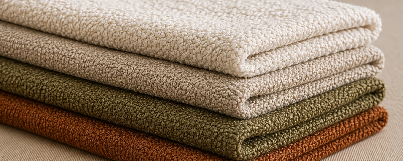 Boucle upholstery fabric folded in cream, taupe, olive and rust with looped texture